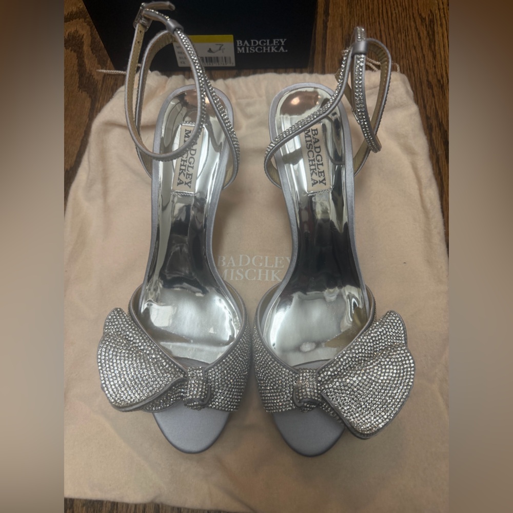 Brand new, never worn Badgley Mischka Remi Glittering Silver Heels.